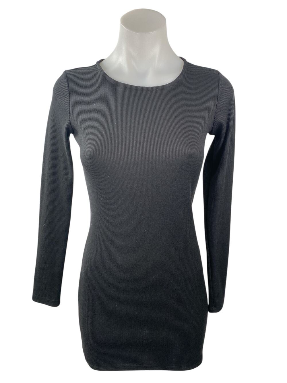 Princess Polly Black Ribbed Knit Round Neck Long Sleeve Mini Bodycon Dress Sz 4